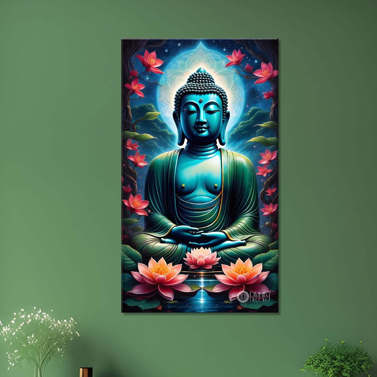 Blue face buddha with lotus and dark texturd oil painting Buddha-V-200