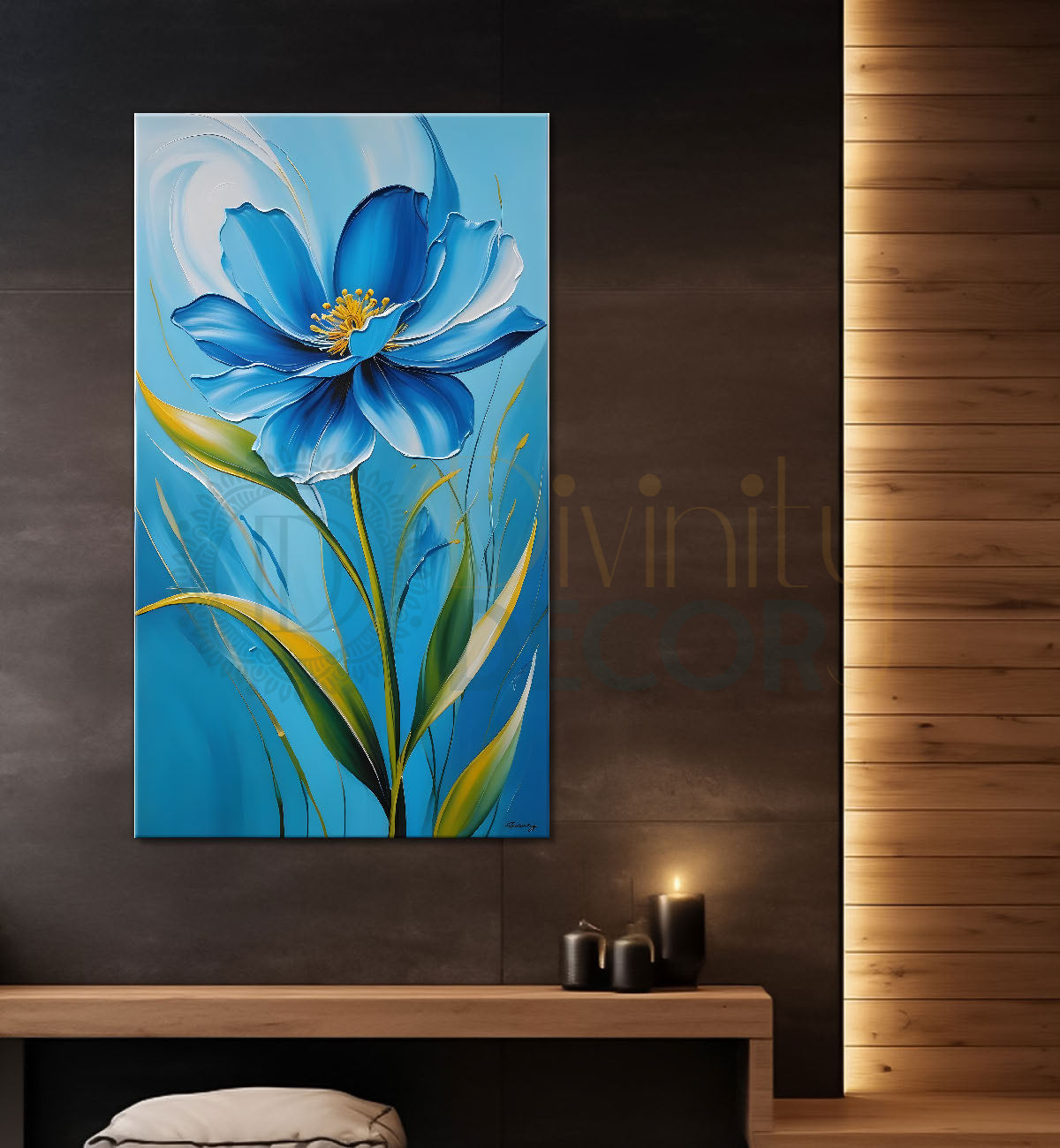 Blue flowers in blue textured background painting- Flower-V-200