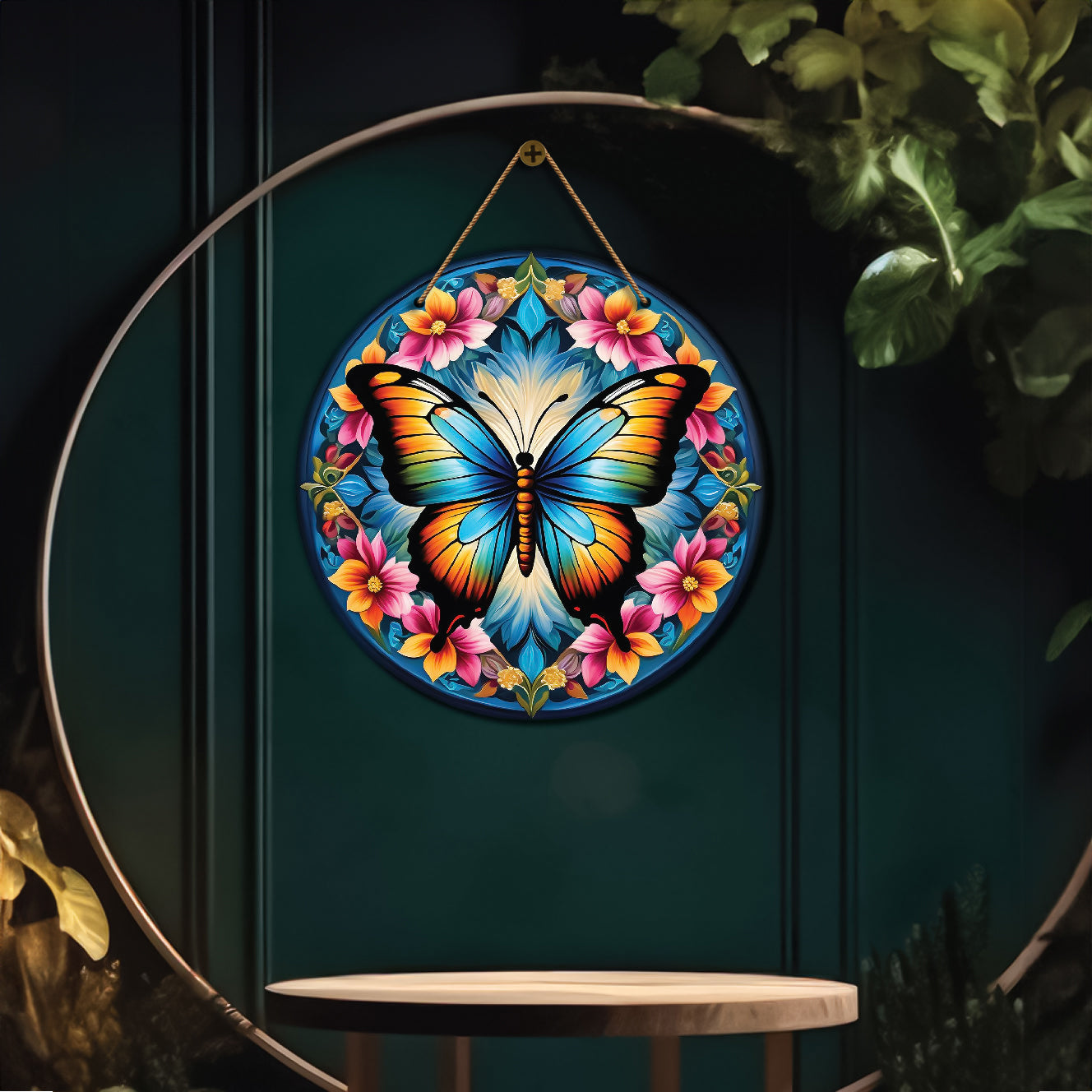 Butterfly in blue and pink mandala Round Wooden Wall Hanging for wall Décor - Design - 200