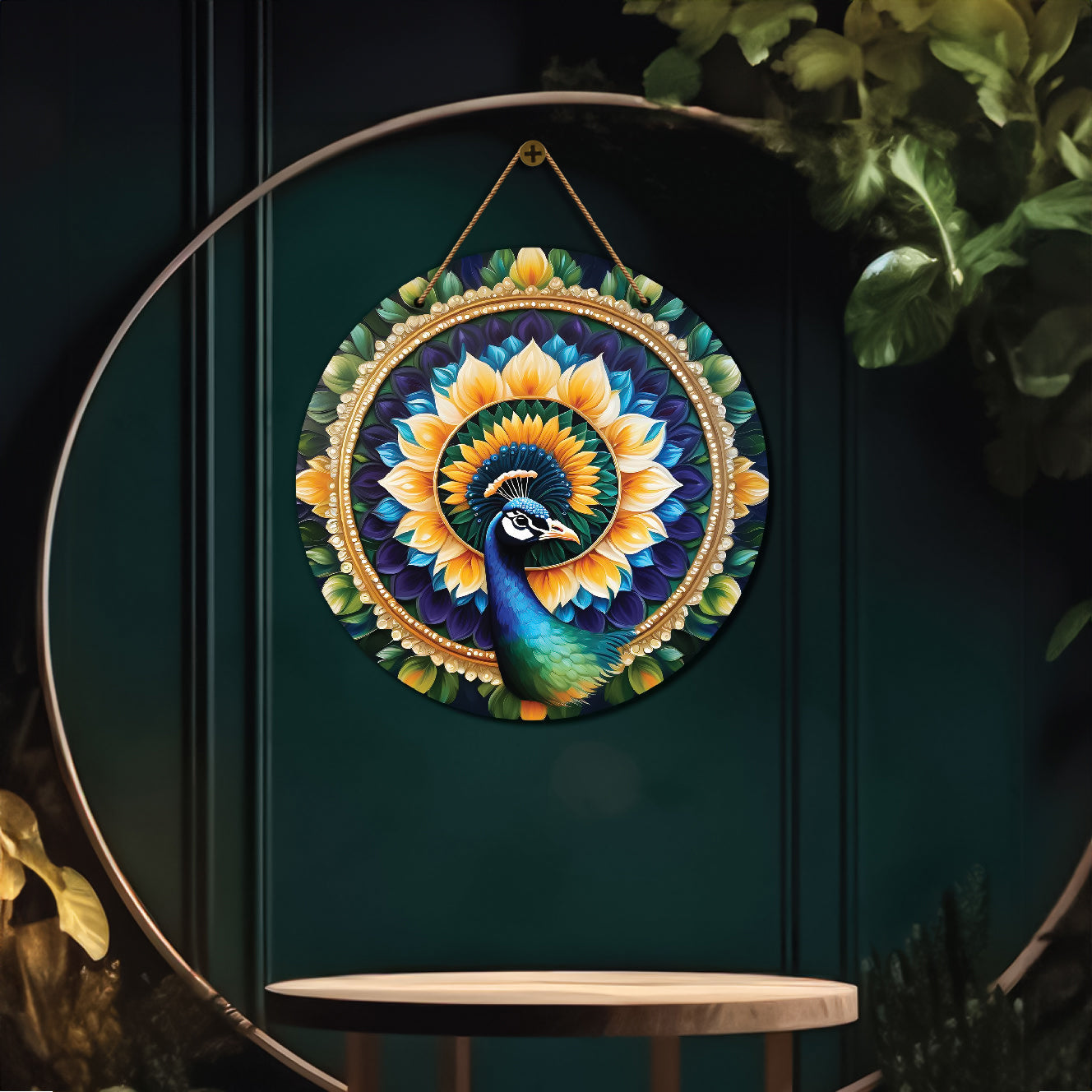 Peacock in blue and yellow mandala Round Wooden Wall Hanging for wall Décor - Design - 201