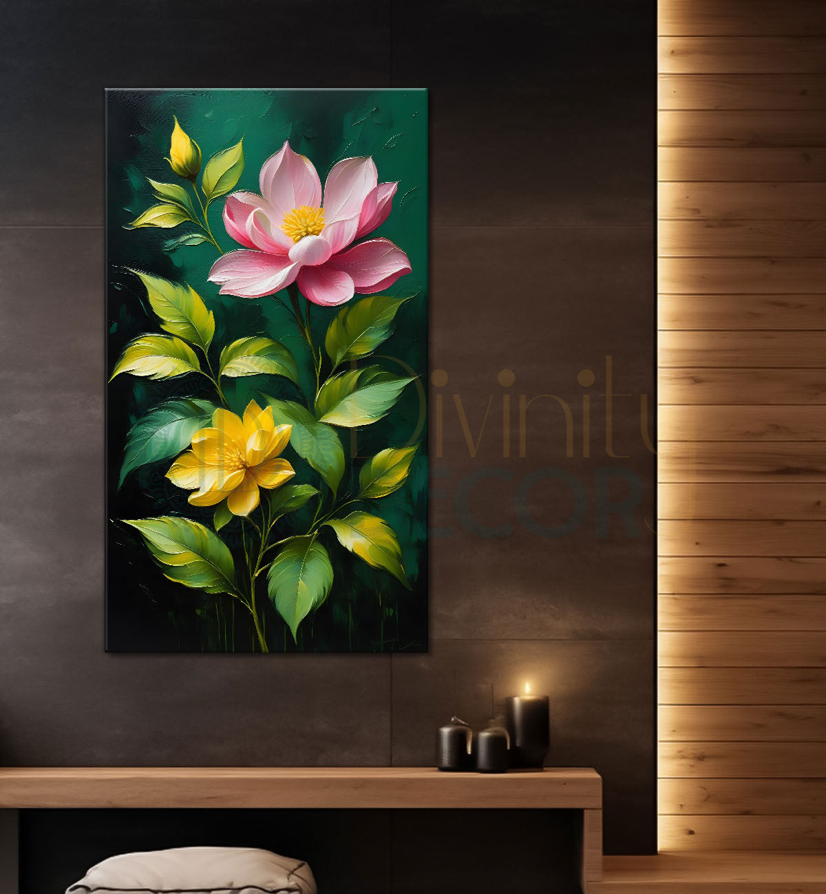Pink and yellow flowers in green textured painting - Flower-V-202