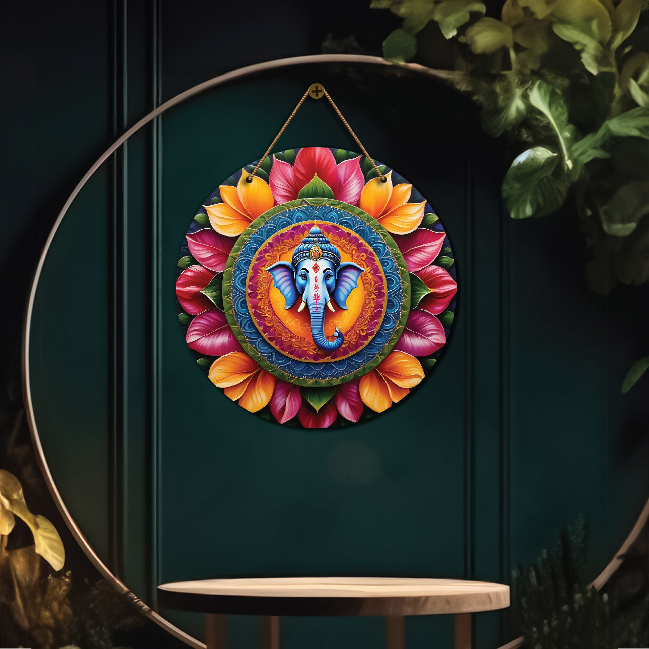 Ganesh Ji in yellow and pink mandala Round Wooden Wall Hanging for wall Décor - Design - 202