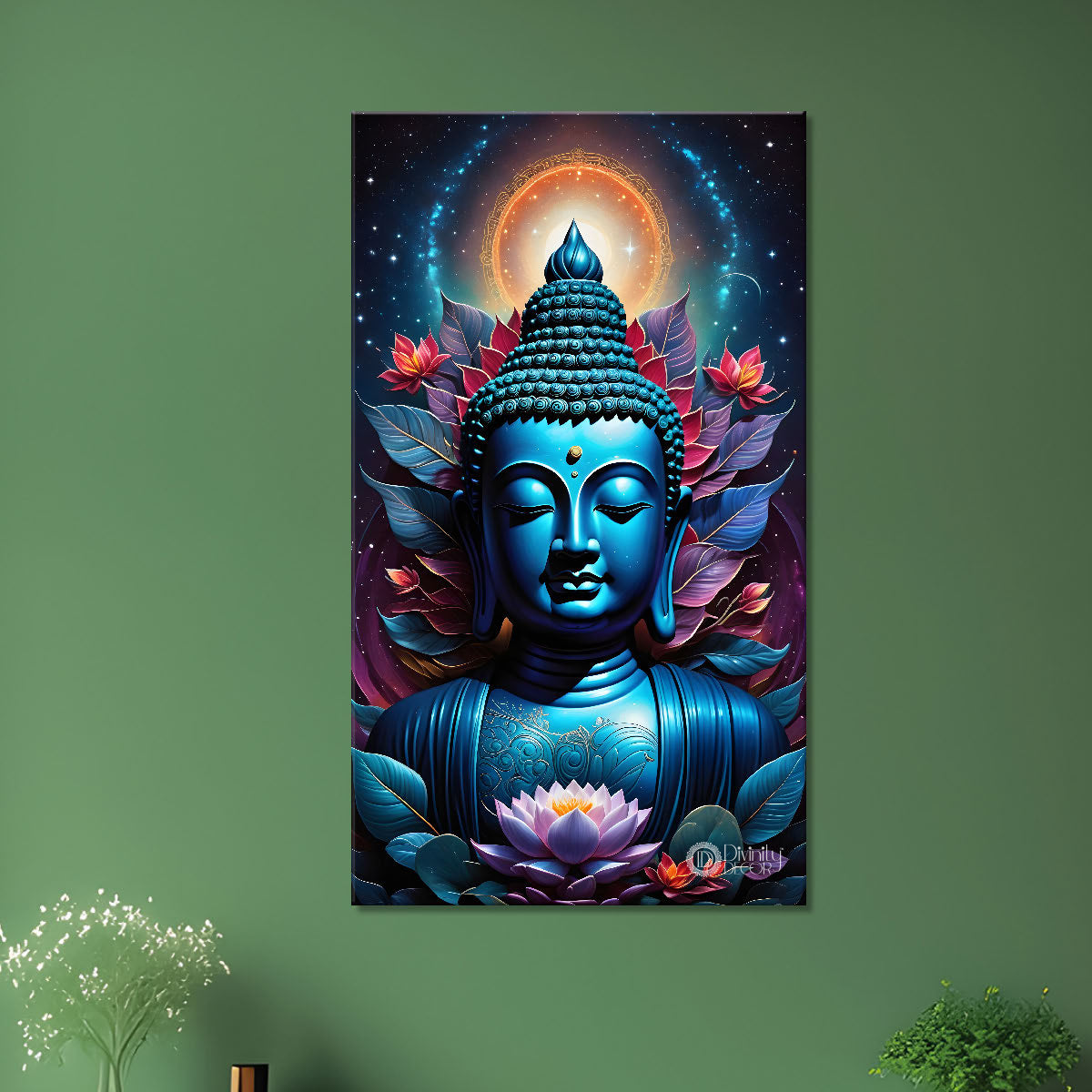 Blue face buddha with lotus and dark texturd oil painting Buddha-V-202
