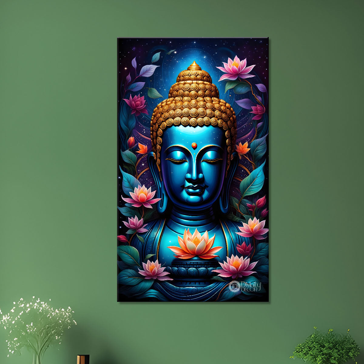 Blue face buddha with lotus and dark texturd oil painting Buddha-V-203
