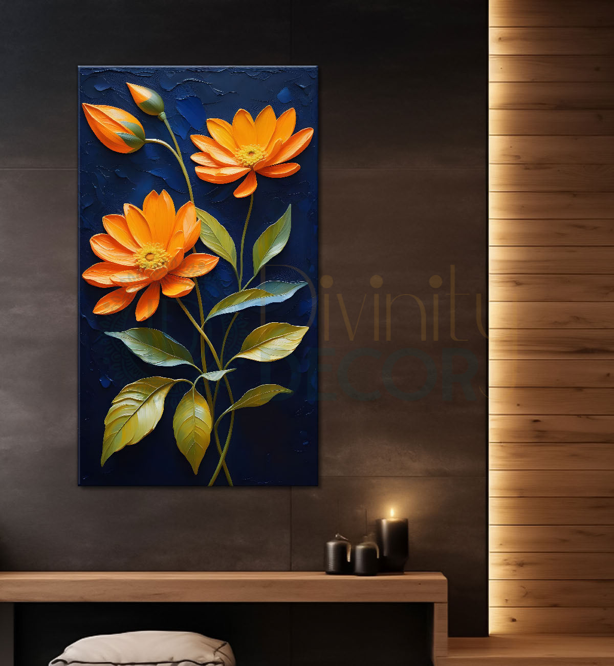 Orange flowers in dark textured painting- Flower-V-203