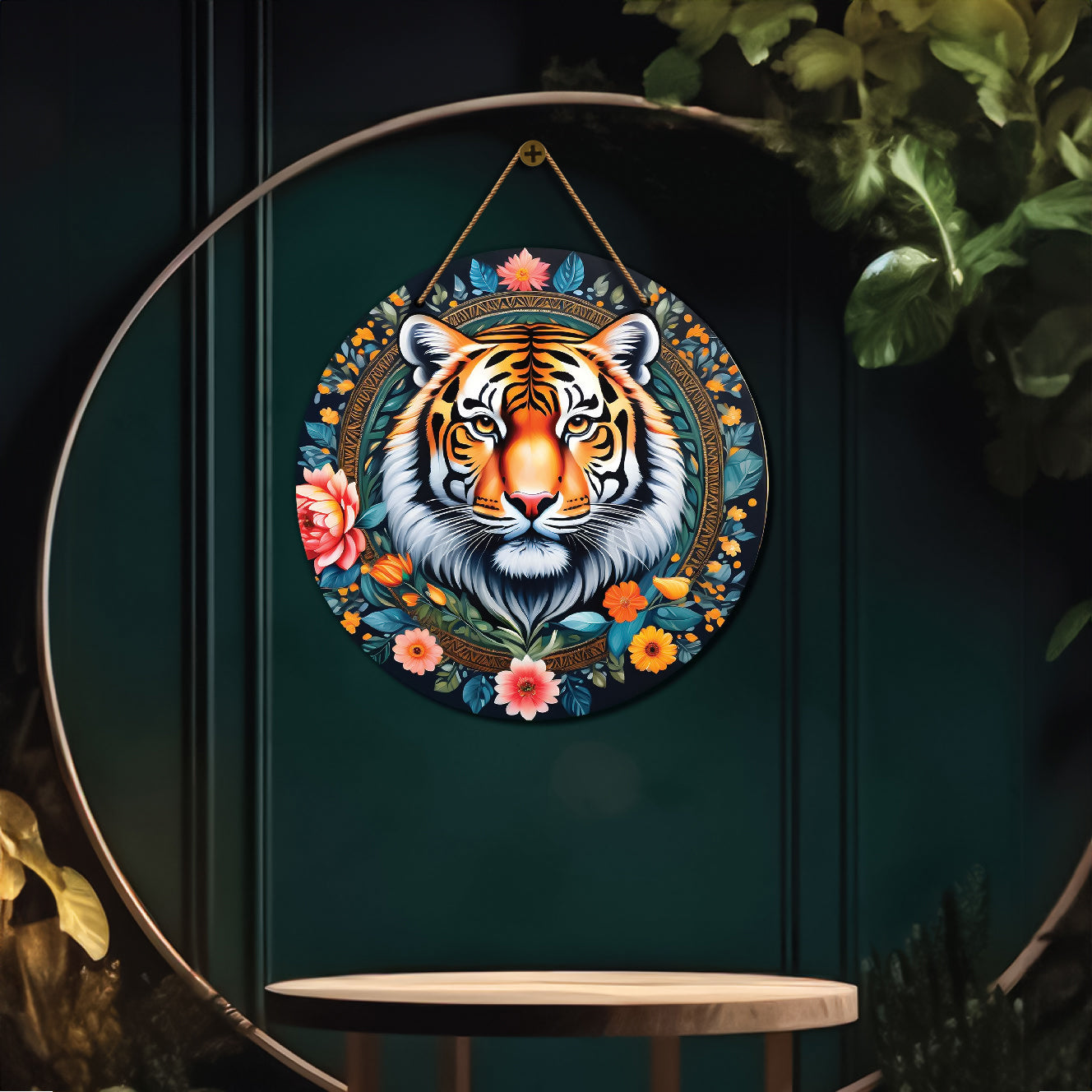 Tiger in green and floral mandala Round Wooden Wall Hanging for wall Décor - Design - 203