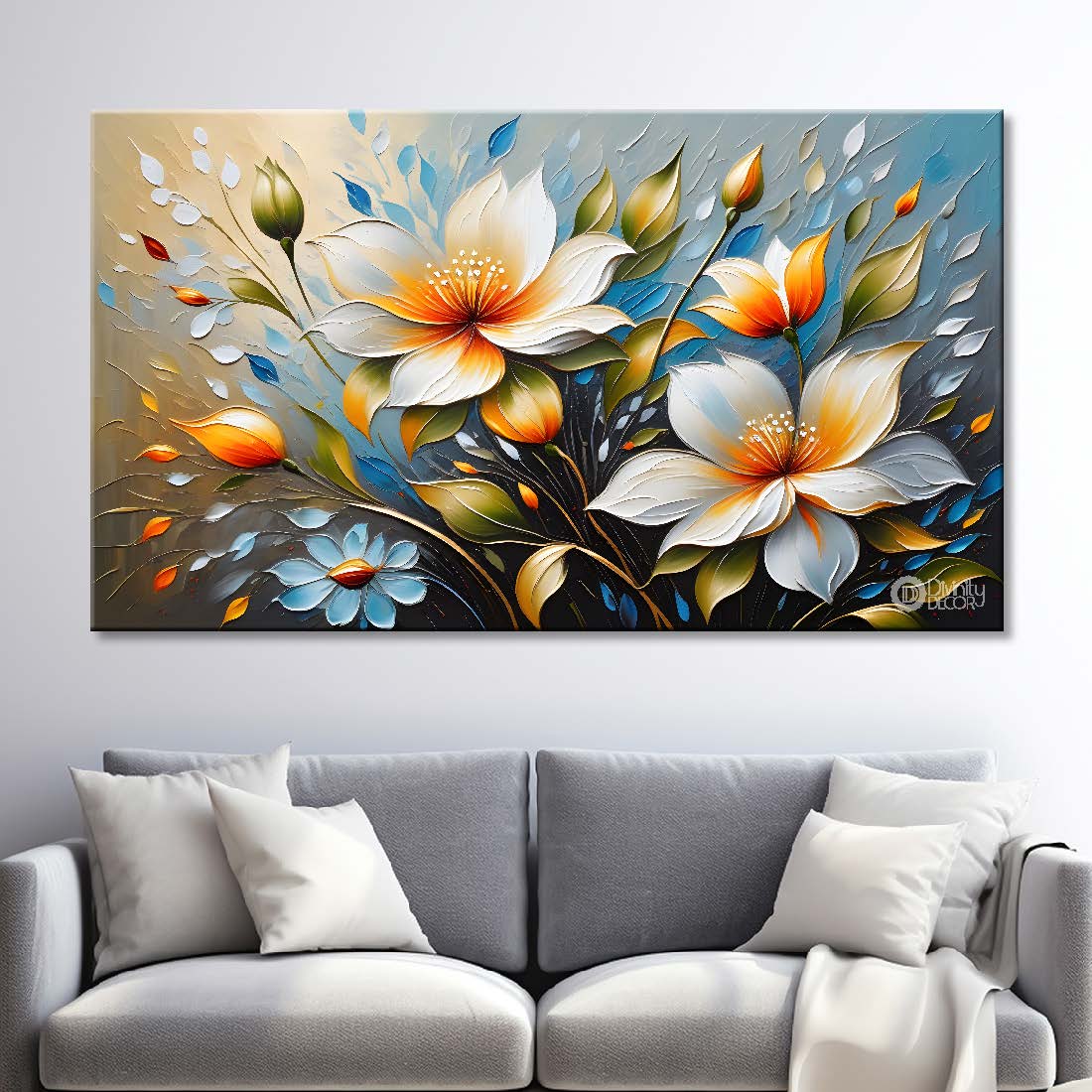 White flowers in blue background- Design - Flower-204