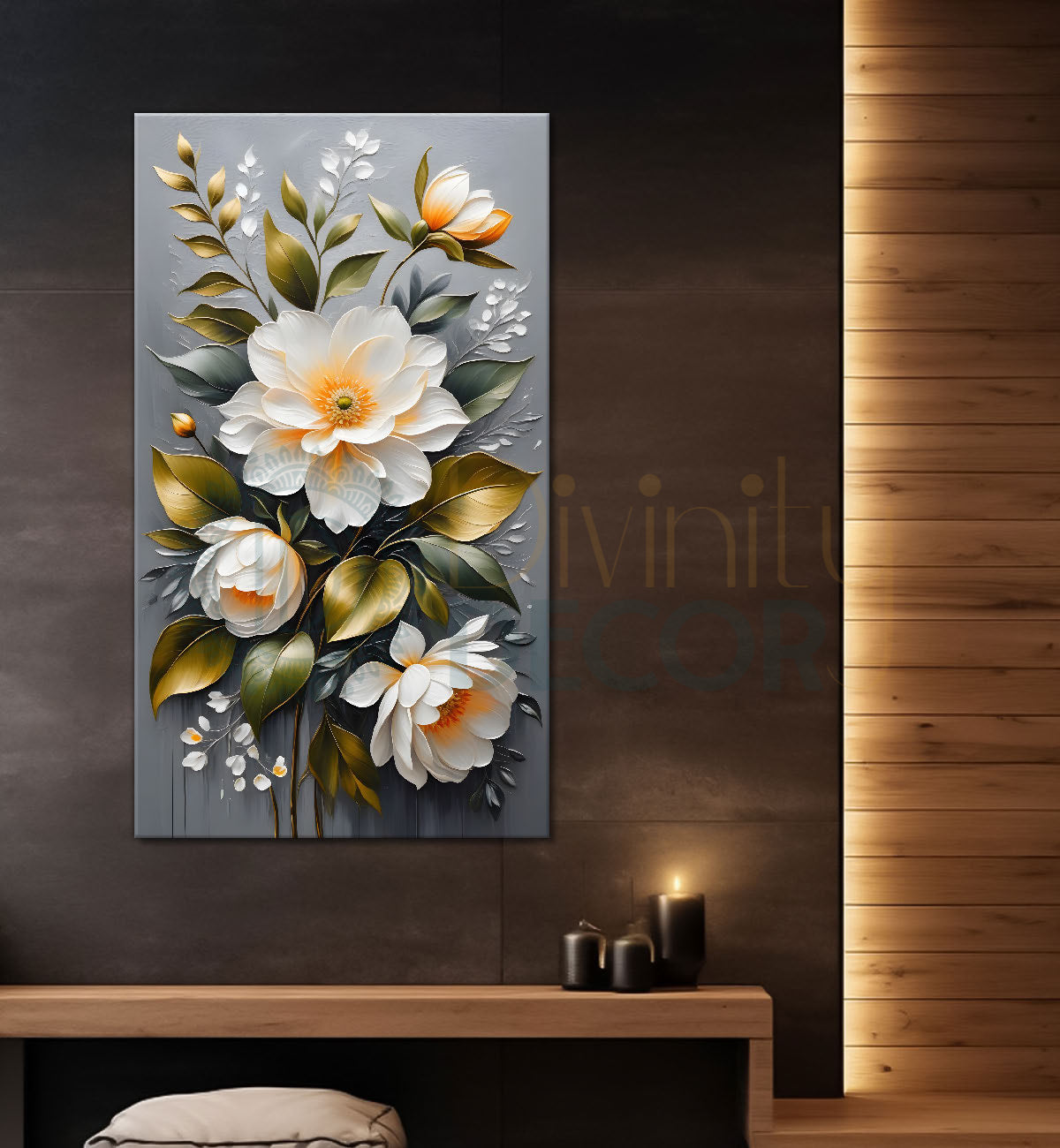 White flowers in grey textured background painting- Flower-V-204