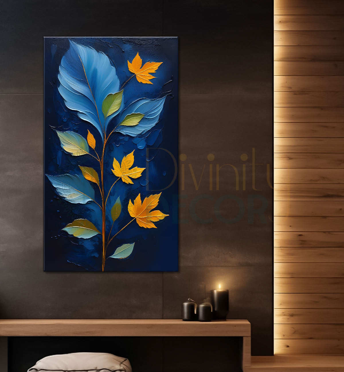 Orange leaves in navy blue textured painting- Flower-V-205