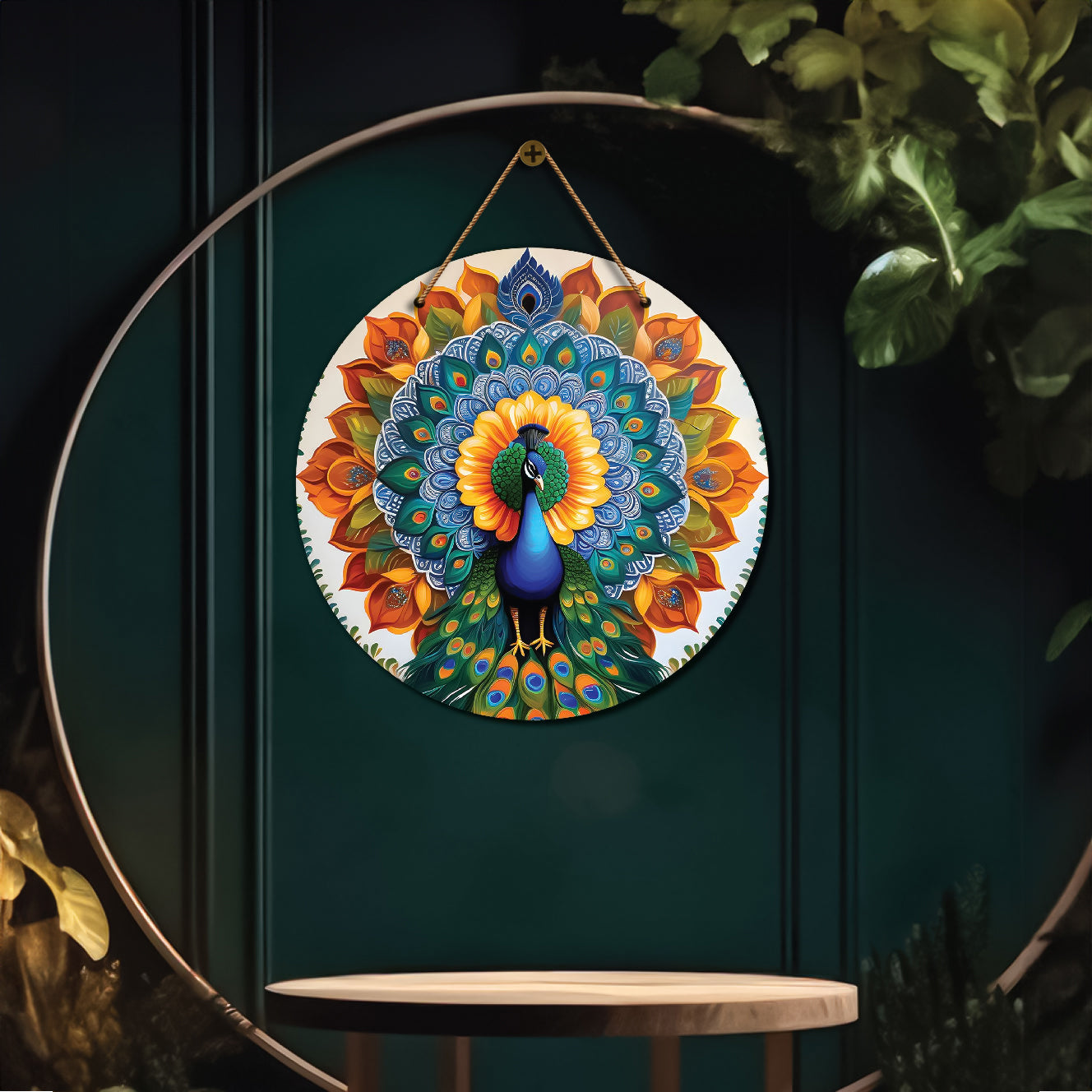 Peacock in blue and orange mandala Round Wooden Wall Hanging for wall Décor - Design - 205