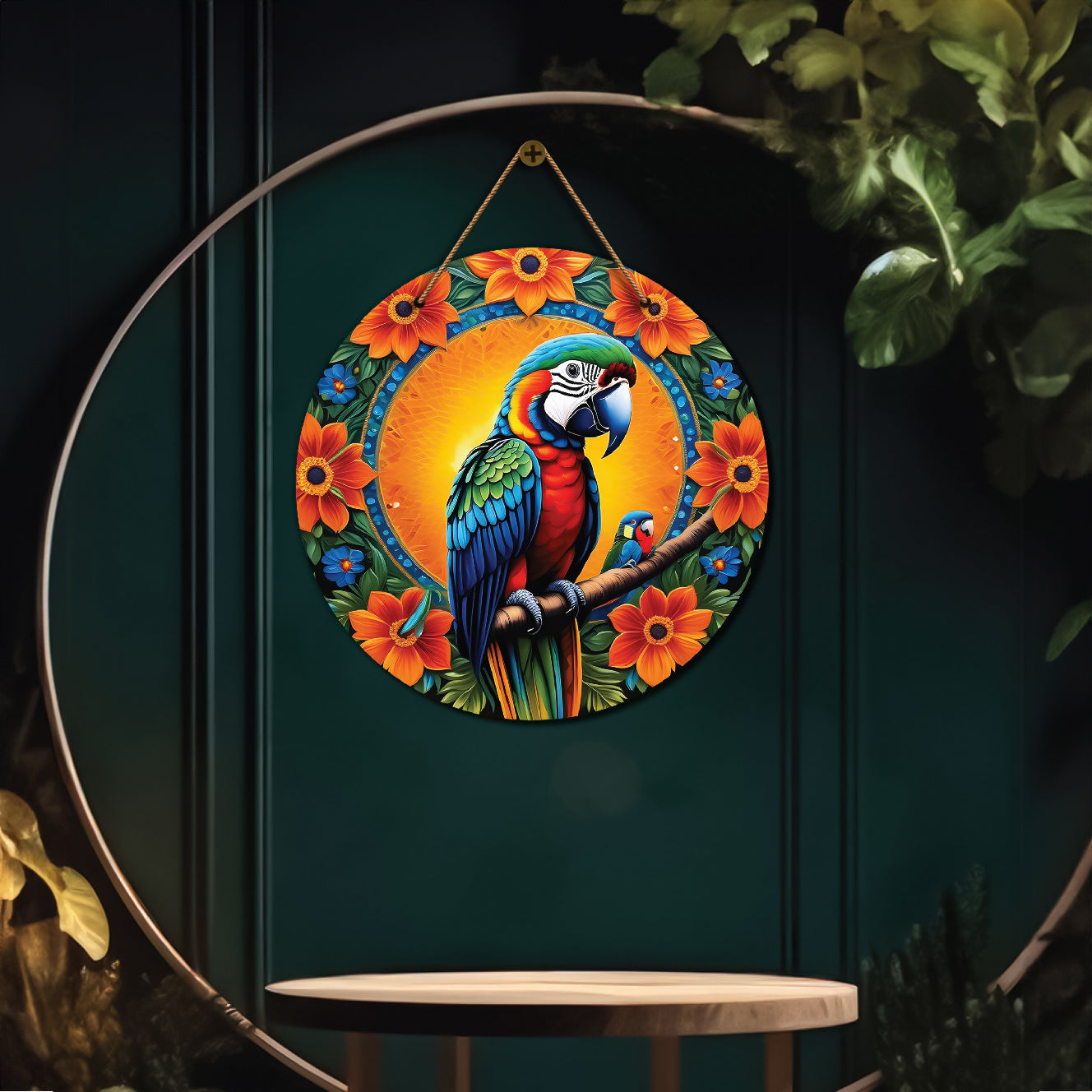 Parrot in green and orange mandala Round Wooden Wall Hanging for wall Décor - Design - 206