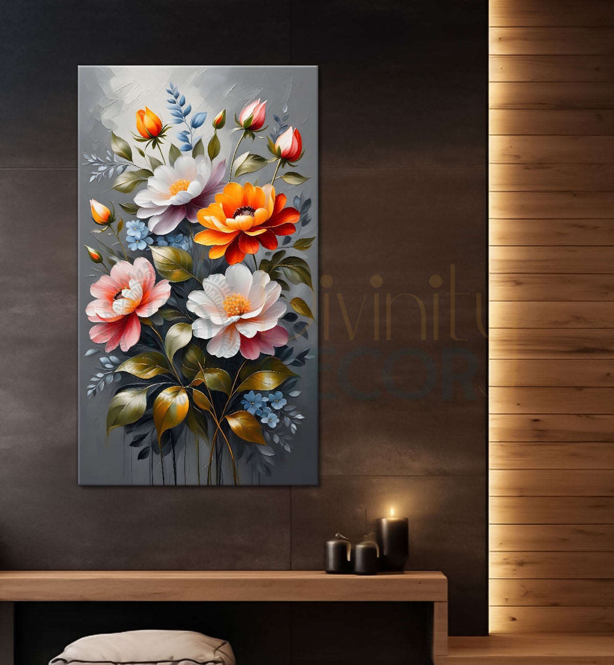 Colourful flowers in grey textured background painting- Flower-V-207