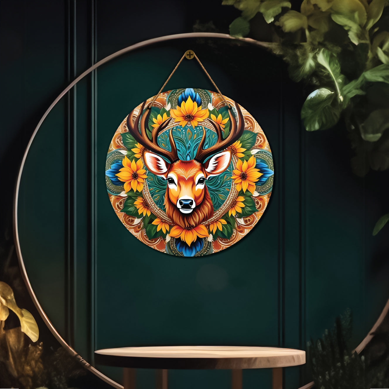 Deer in green and yellow mandala Round Wooden Wall Hanging for wall Décor - Design - 207