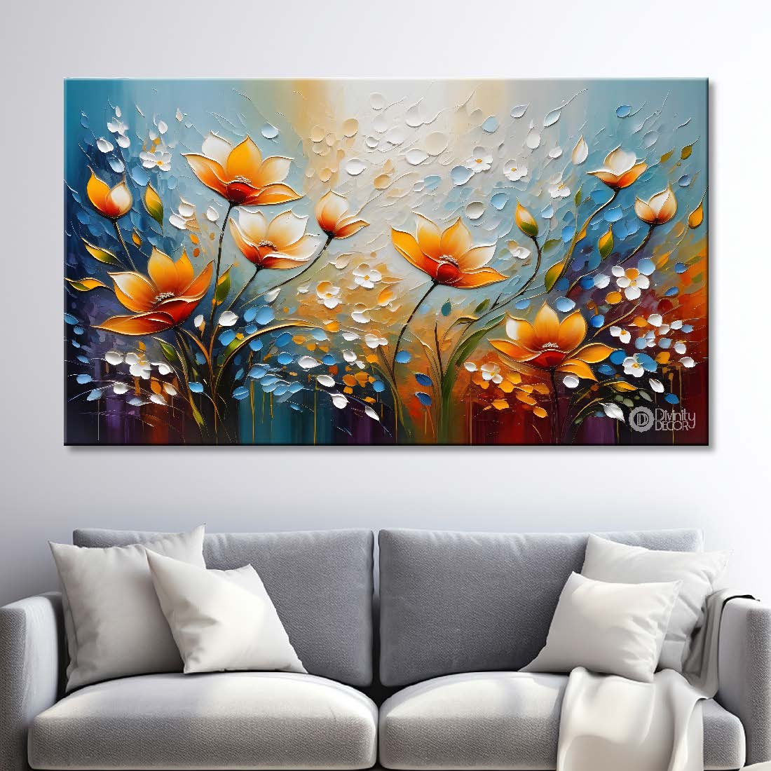 Orange flowers in blue background- Design - Flower-208