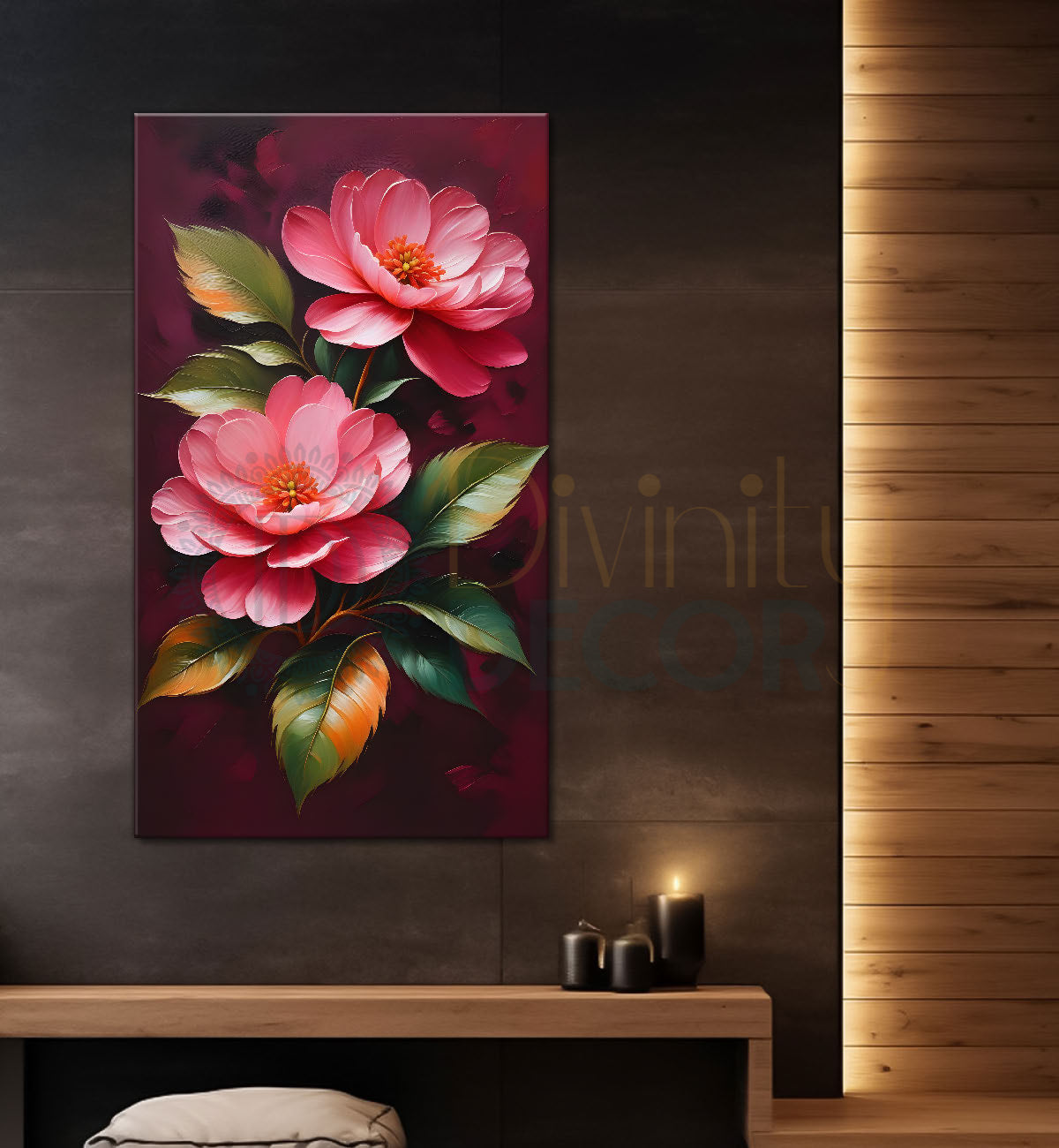Pink flowers in brown textured painting - Flower-V-208