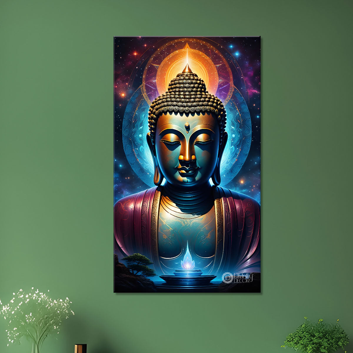 Blue face buddha with lotus and dark texturd oil painting Buddha-V-208