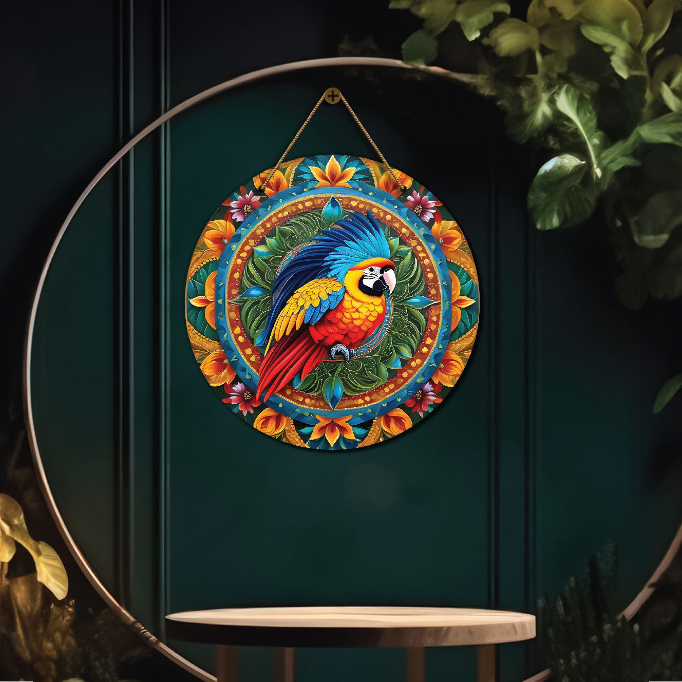 Parrot in green and yellow mandala Round Wooden Wall Hanging for wall Décor - Design - 208