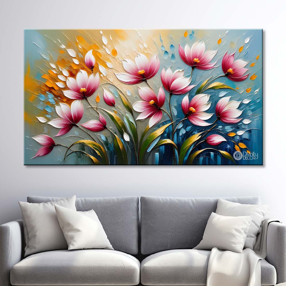 Pink flowers in blue background- Design - Flower-209