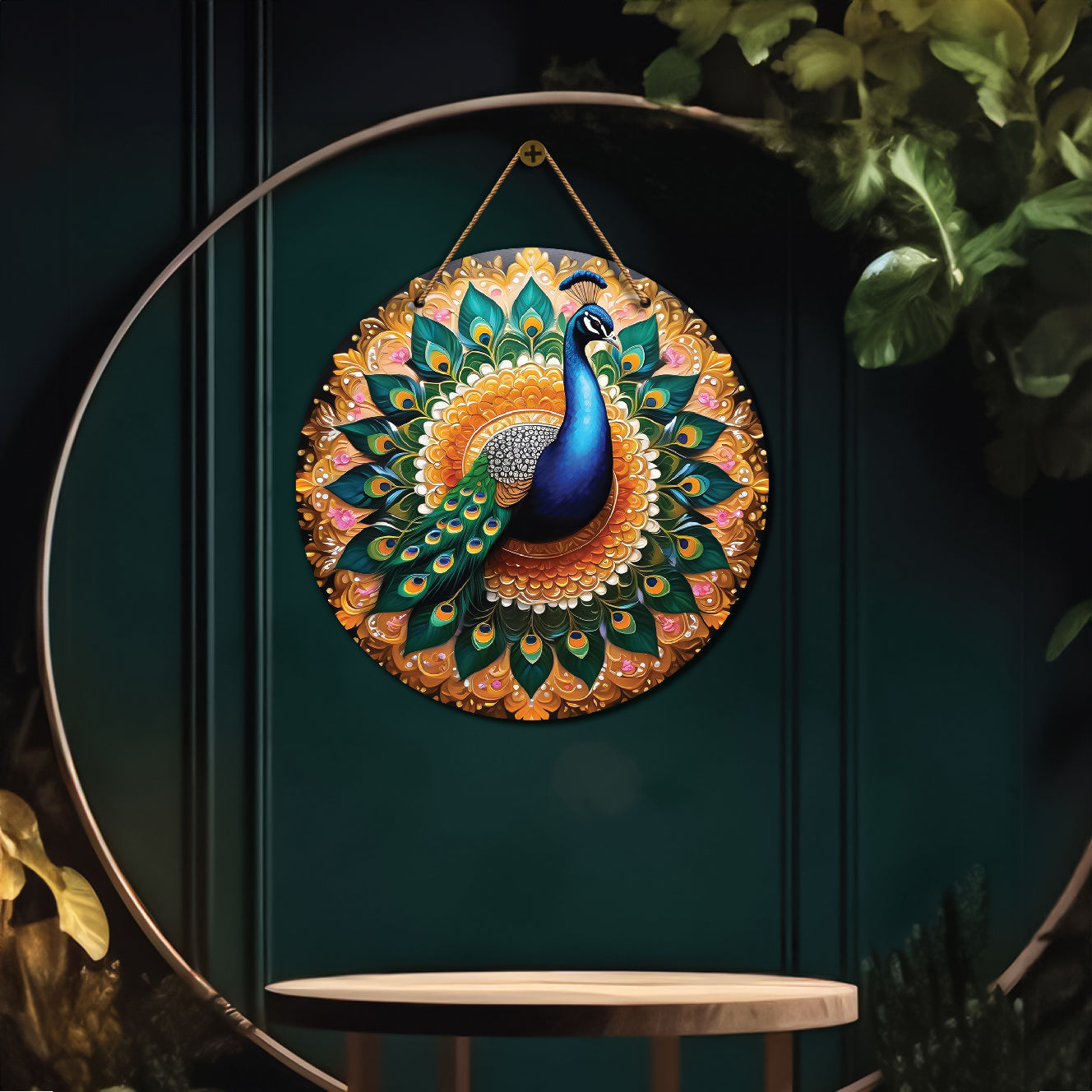 Peacock in green and golden mandala Round Wooden Wall Hanging for wall Décor - Design - 209