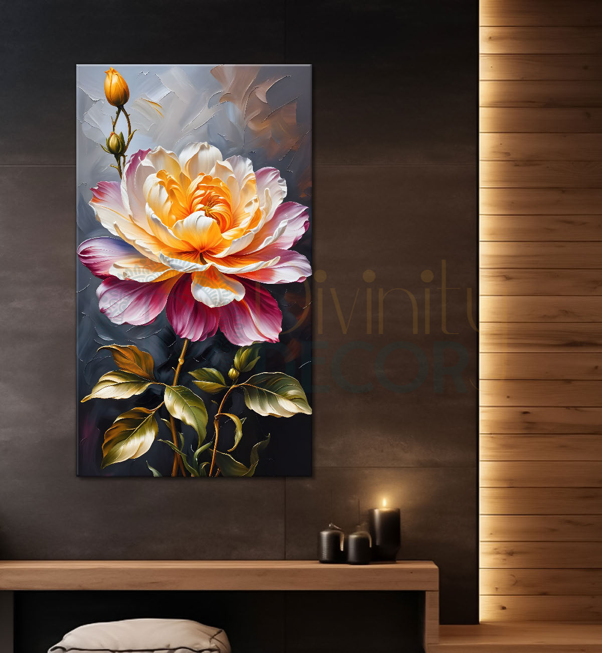 Pink flowers in grey textured painting - Flower-V-209