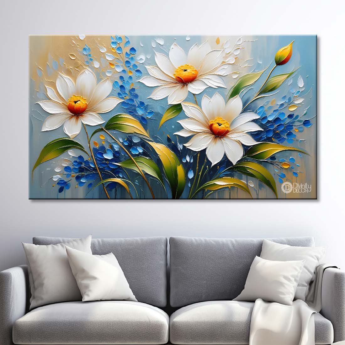 White flowers in blue background- Design - Flower-210