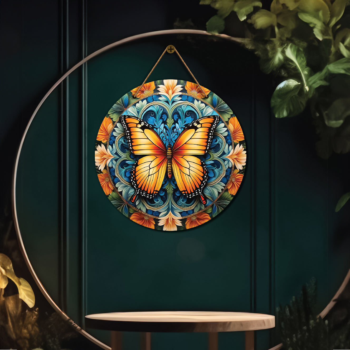 Butterfly in green and yellow mandala Round Wooden Wall Hanging for wall Décor - Design - 210