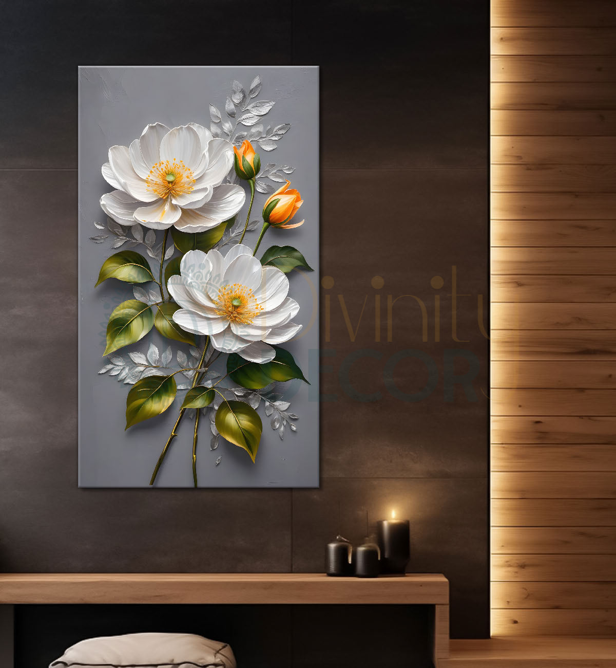 White flowers in grey textured background painting- Flower-V-210