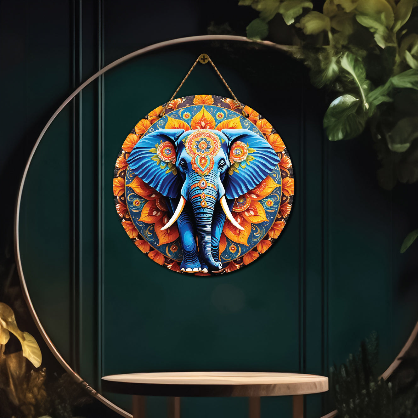 Elephant in green and orange mandala Round Wooden Wall Hanging for wall Décor - Design - 211