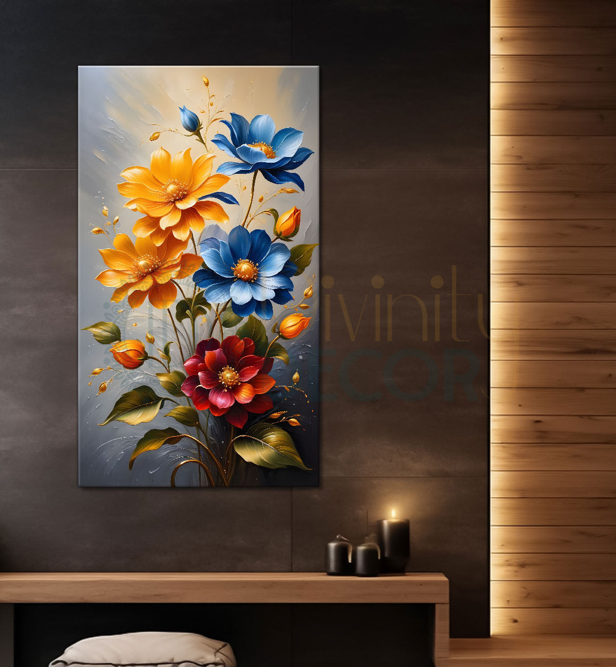 Colourful flowers in grey textured background painting- Flower-V-211