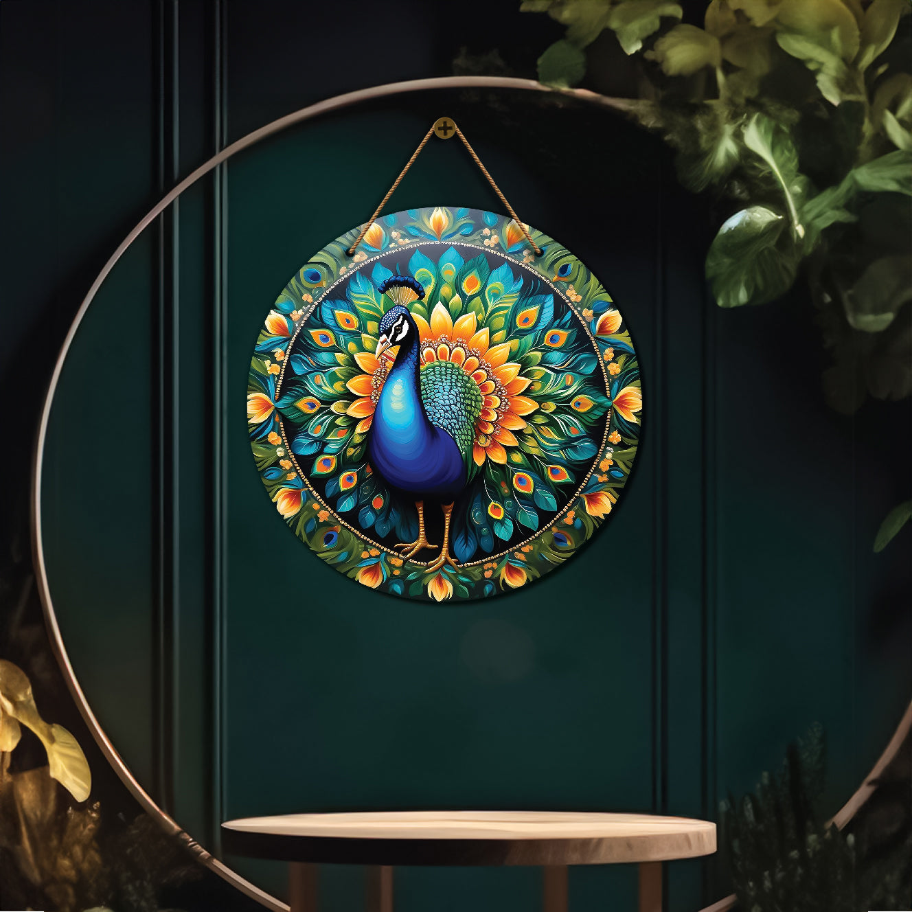 Peacock in green and yellow mandala Round Wooden Wall Hanging for wall Décor - Design - 212