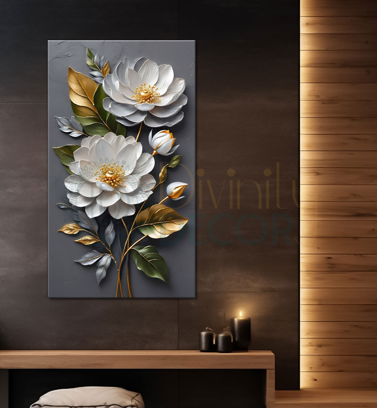 White flowers in grey textured background painting- Flower-V-212