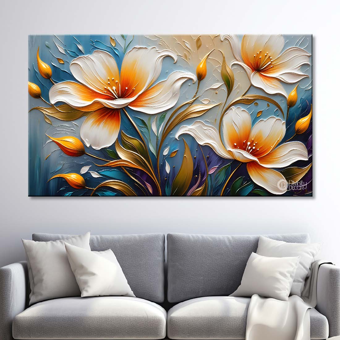 White flowers in blue background- Design - Flower-213