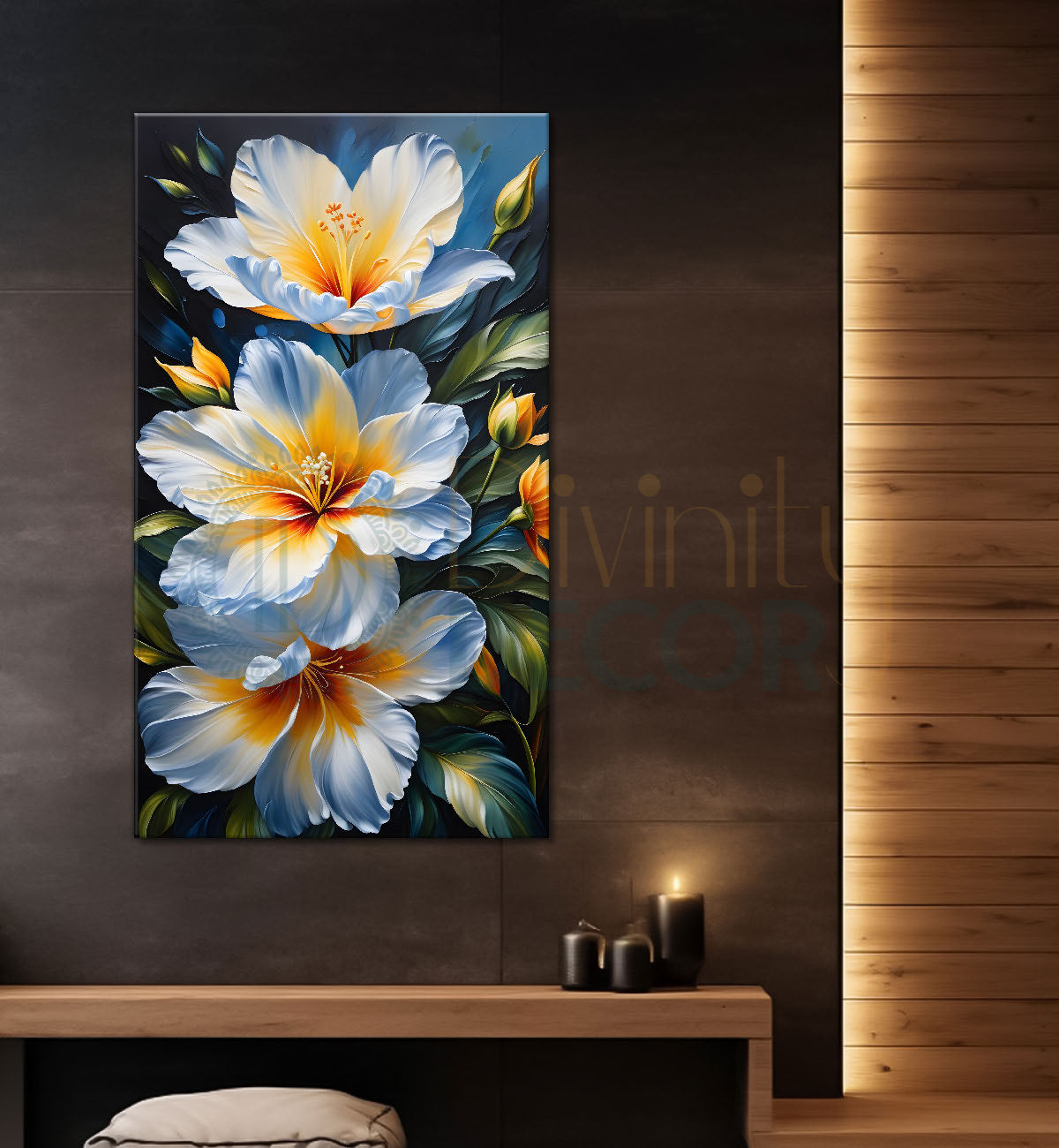 White flowers in blue textured background painting- Flower-V-213