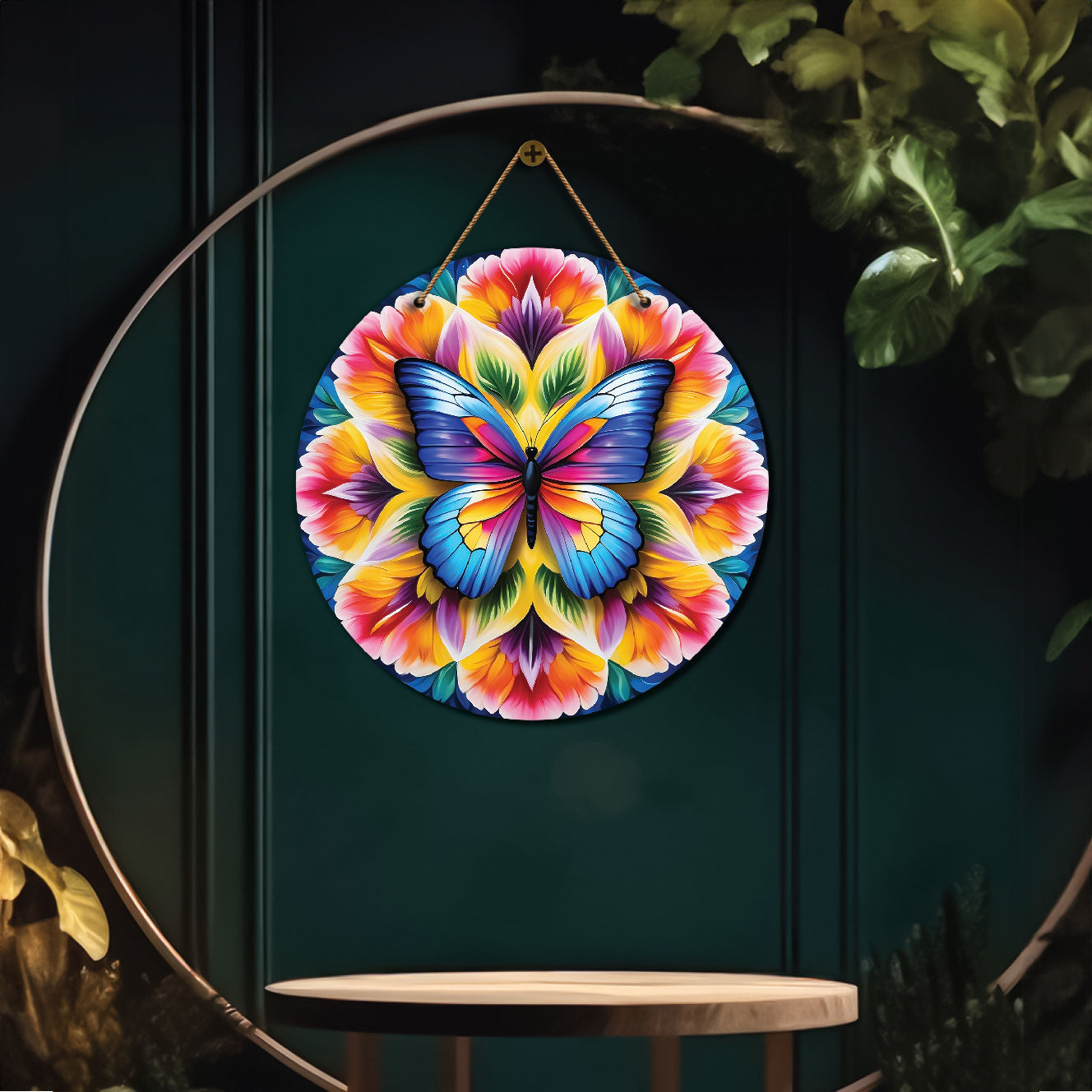 Butterfly in blue and pink mandala Round Wooden Wall Hanging for wall Décor - Design - 213