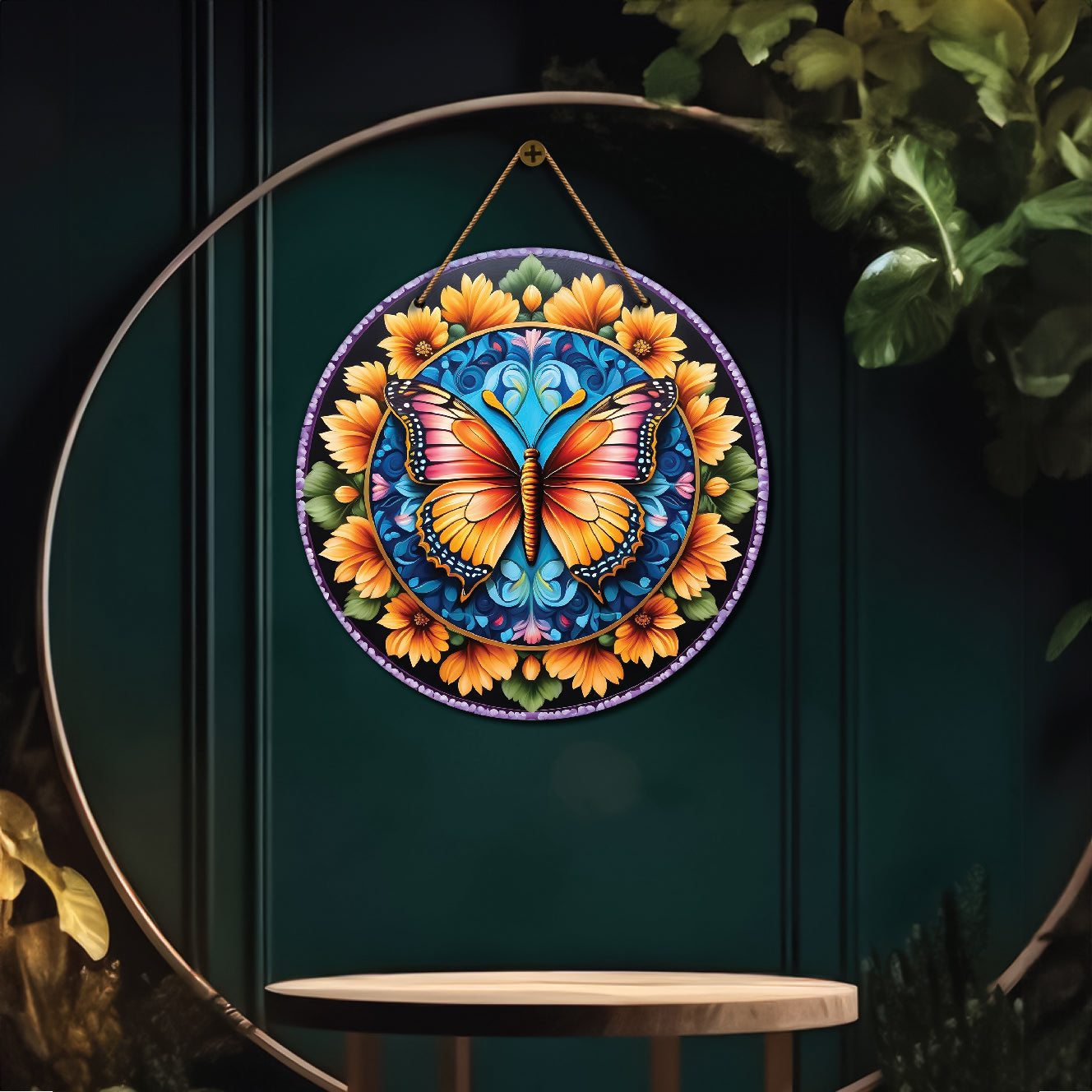 Butterfly in blue and yellow mandala Round Wooden Wall Hanging for wall Décor - Design - 214