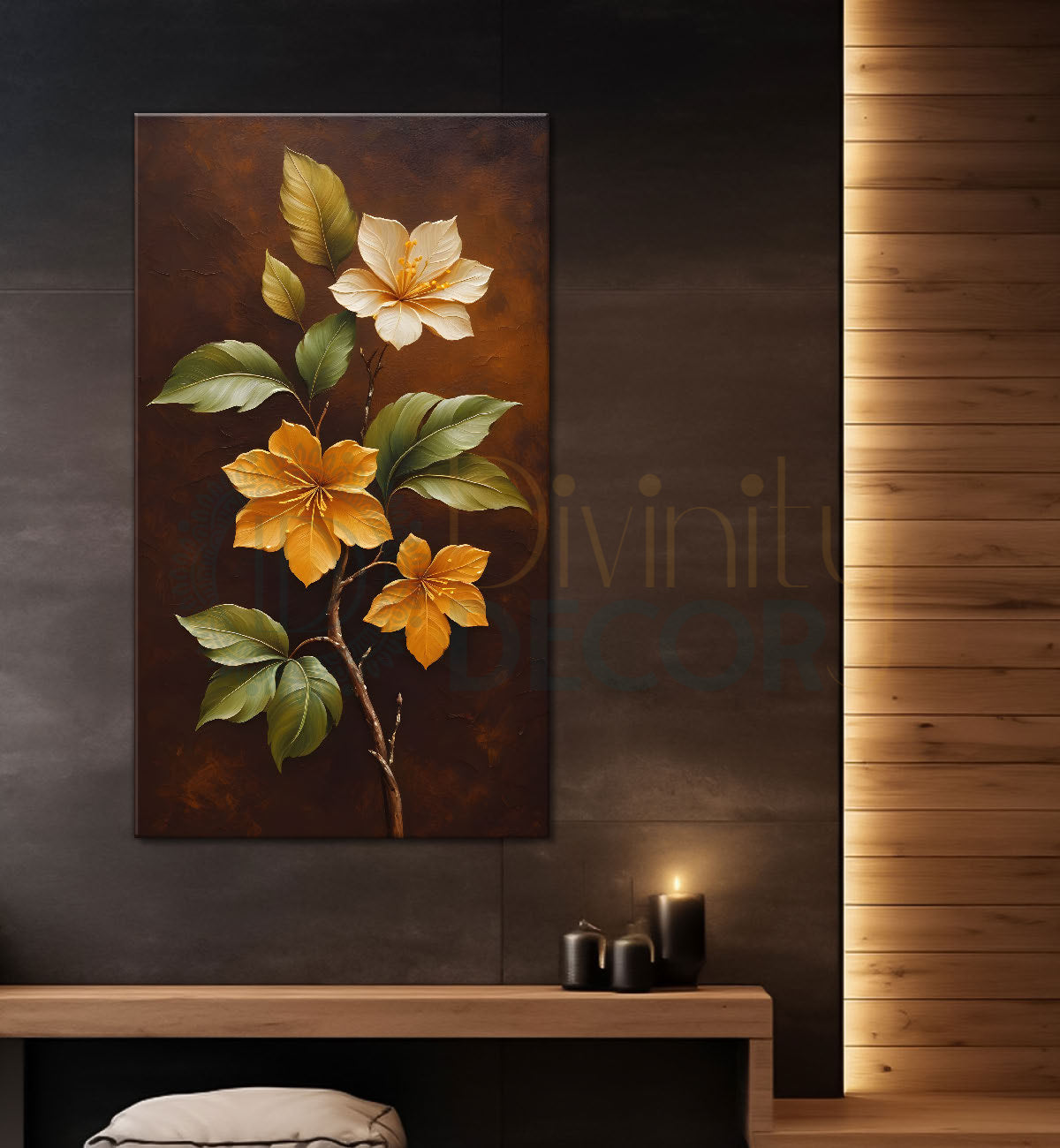 Yellow flowers in brown textured painting- Flower-V-214