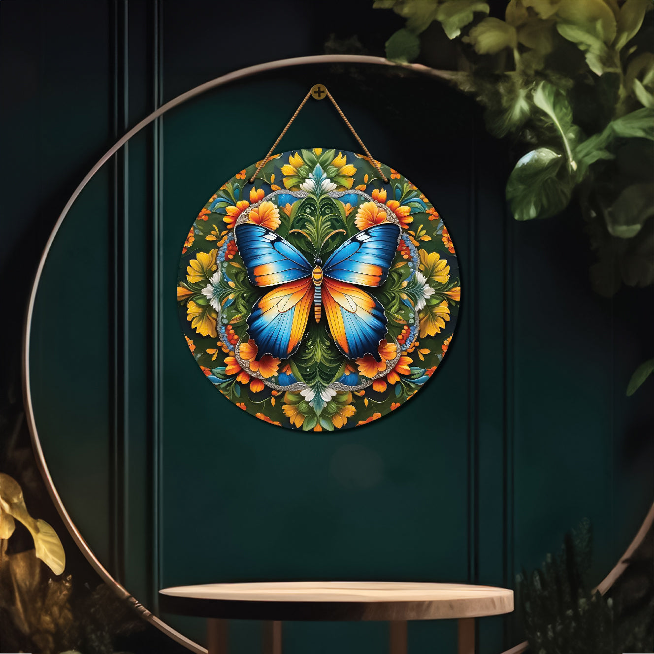 Butterfly in green and yellow mandala Round Wooden Wall Hanging for wall Décor - Design - 215