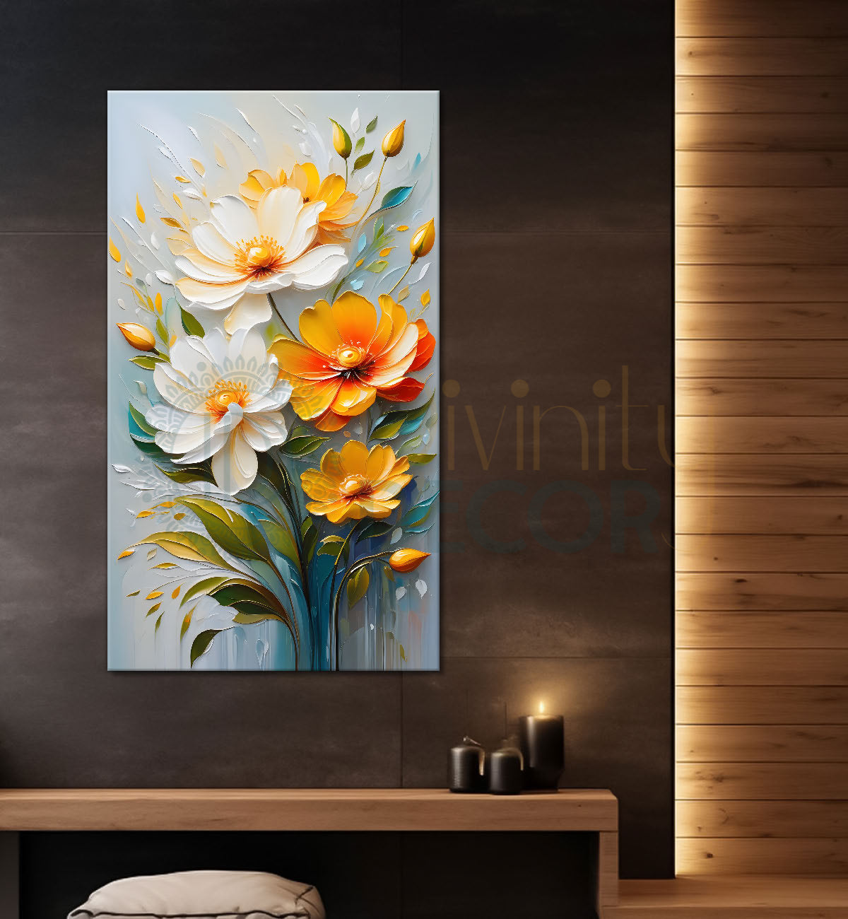 Orange and white flowers in grey textured painting- Flower-V-215