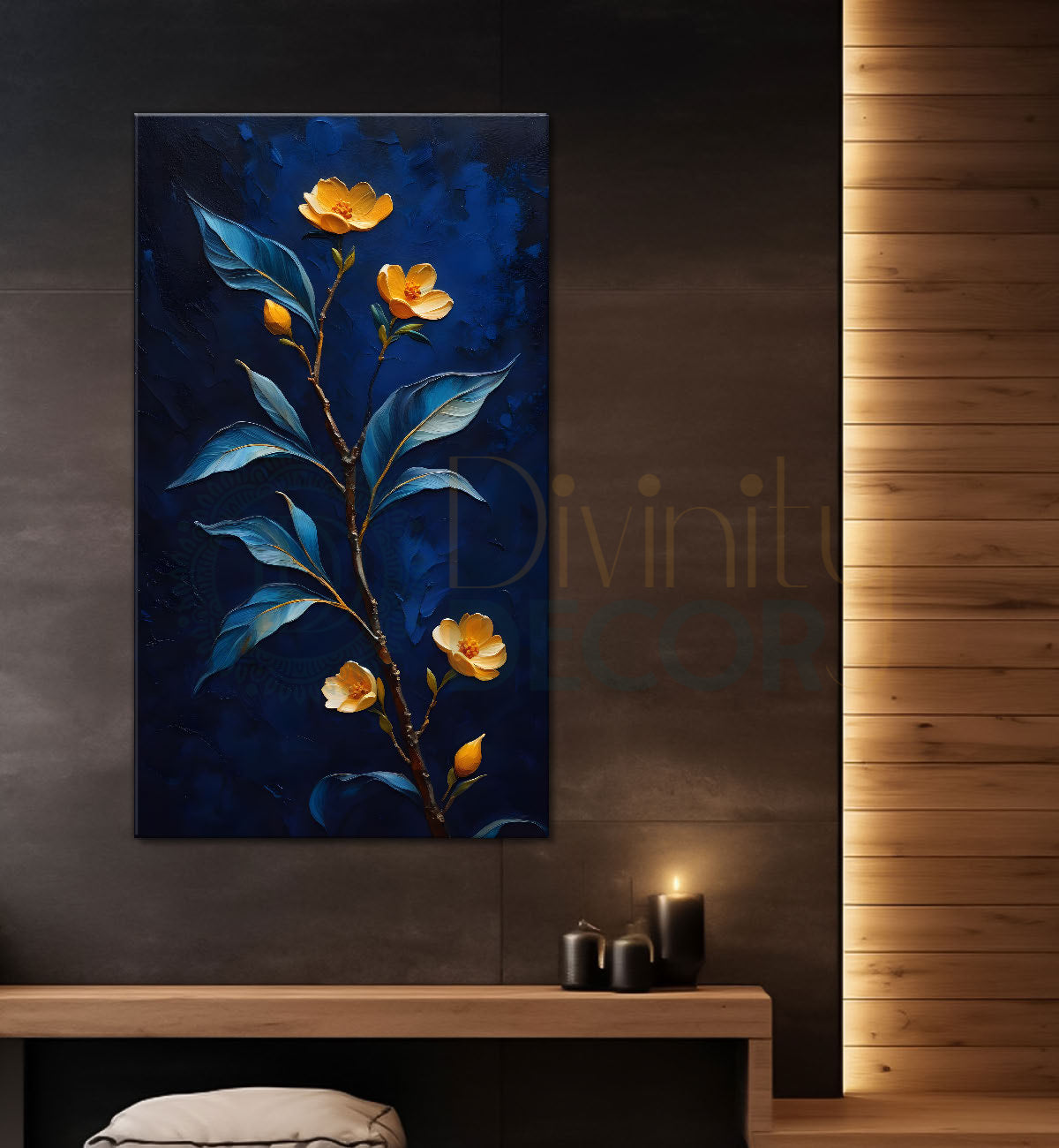 Orange flowers in navy blue textured painting- Flower-V-216
