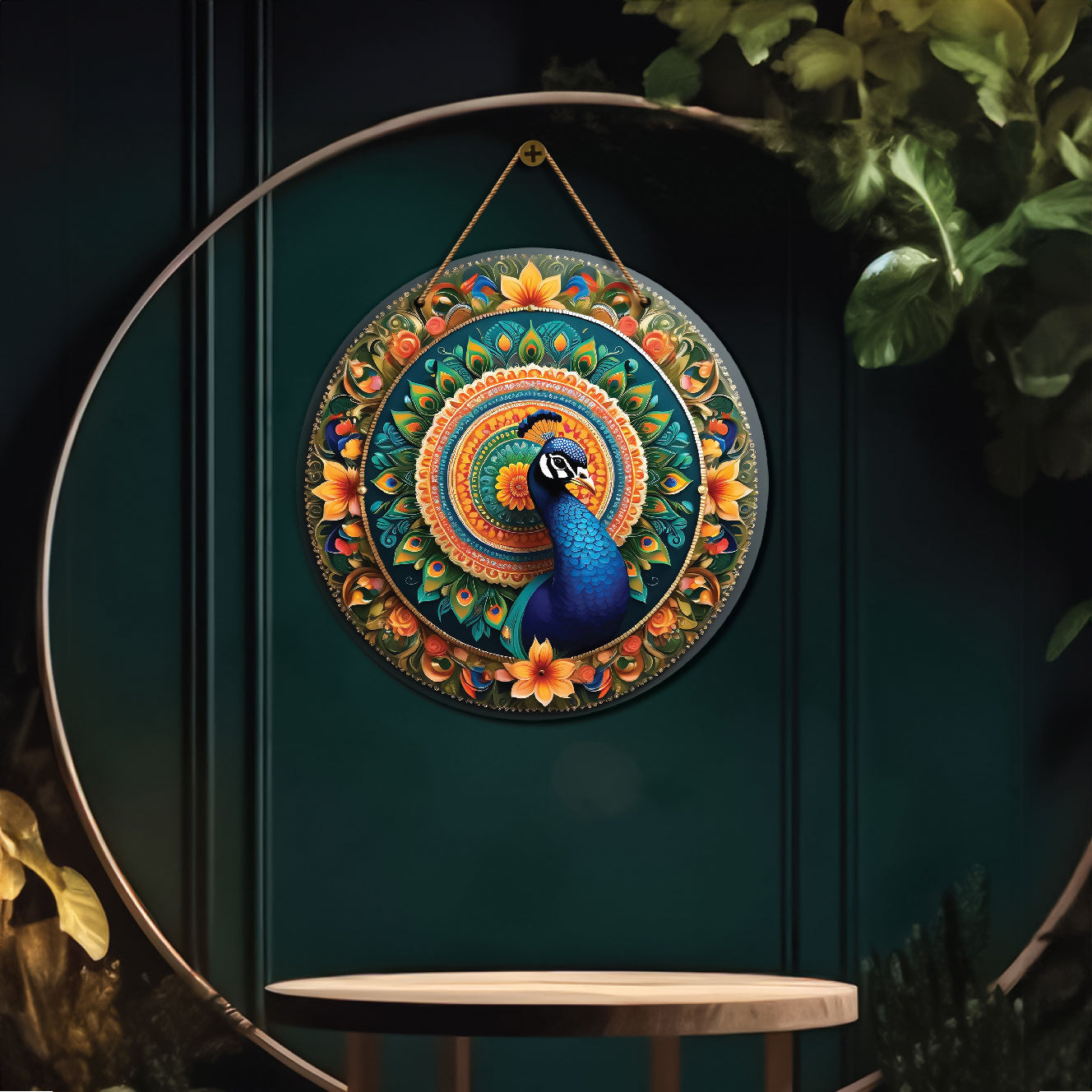 Peacock in green and yellow mandala Round Wooden Wall Hanging for wall Décor - Design - 216