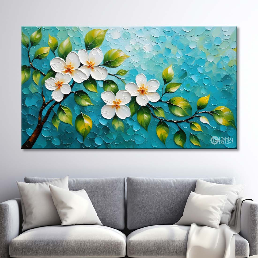 White flowers in blue background- Design - Flower-217