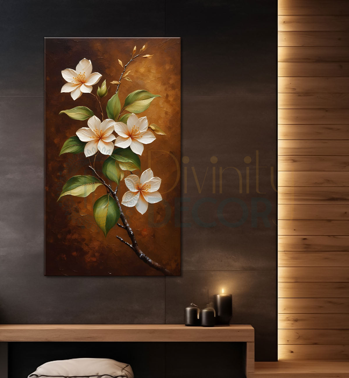 White flowers in brown textured painting- Flower-V-217