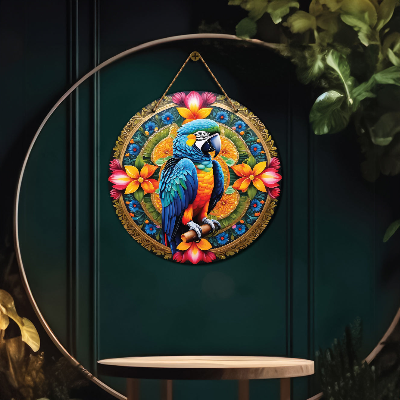 Parrot in green and orange mandala Round Wooden Wall Hanging for wall Décor - Design - 218