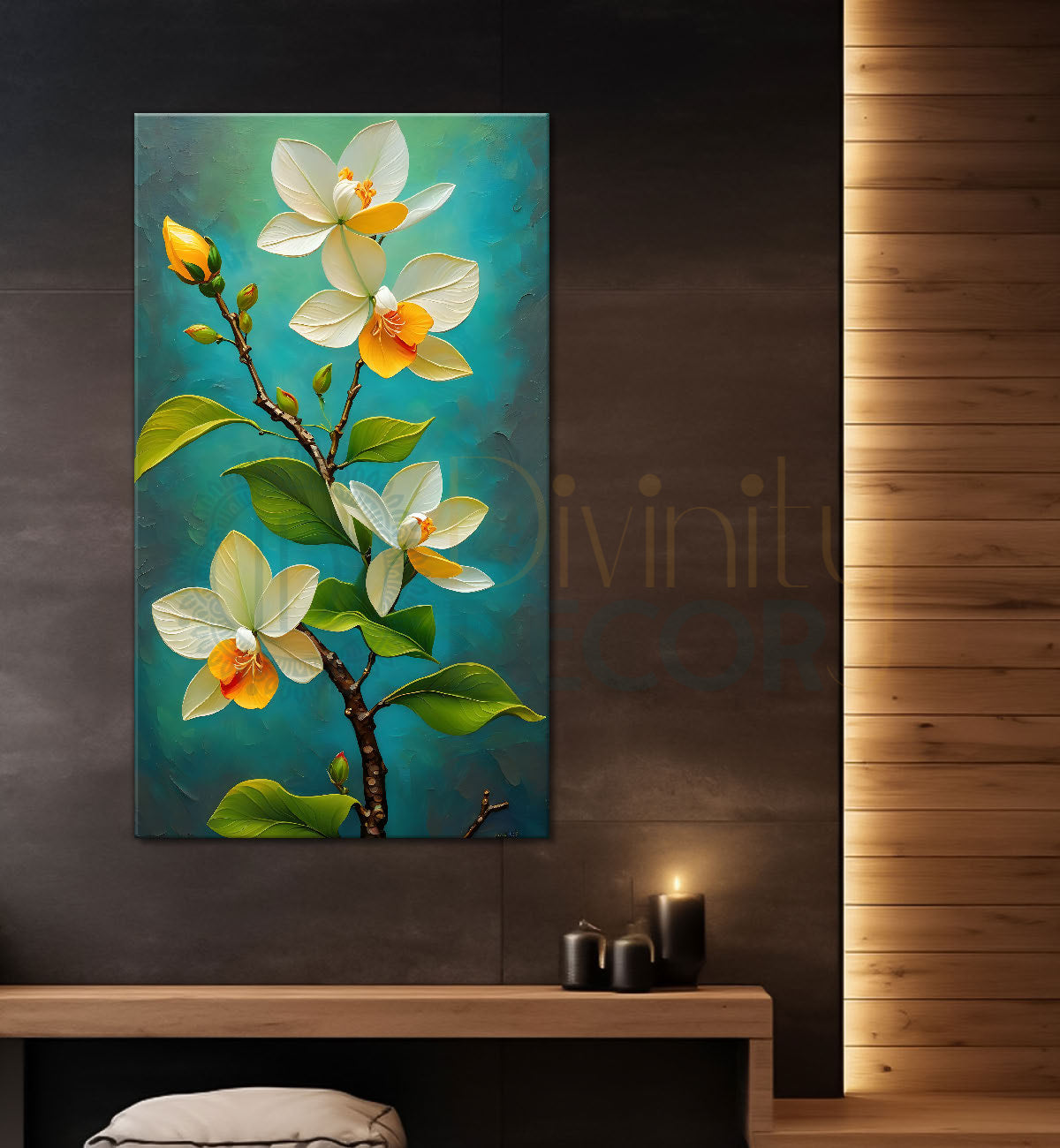 White flowers in green textured background painting- Flower-V-218