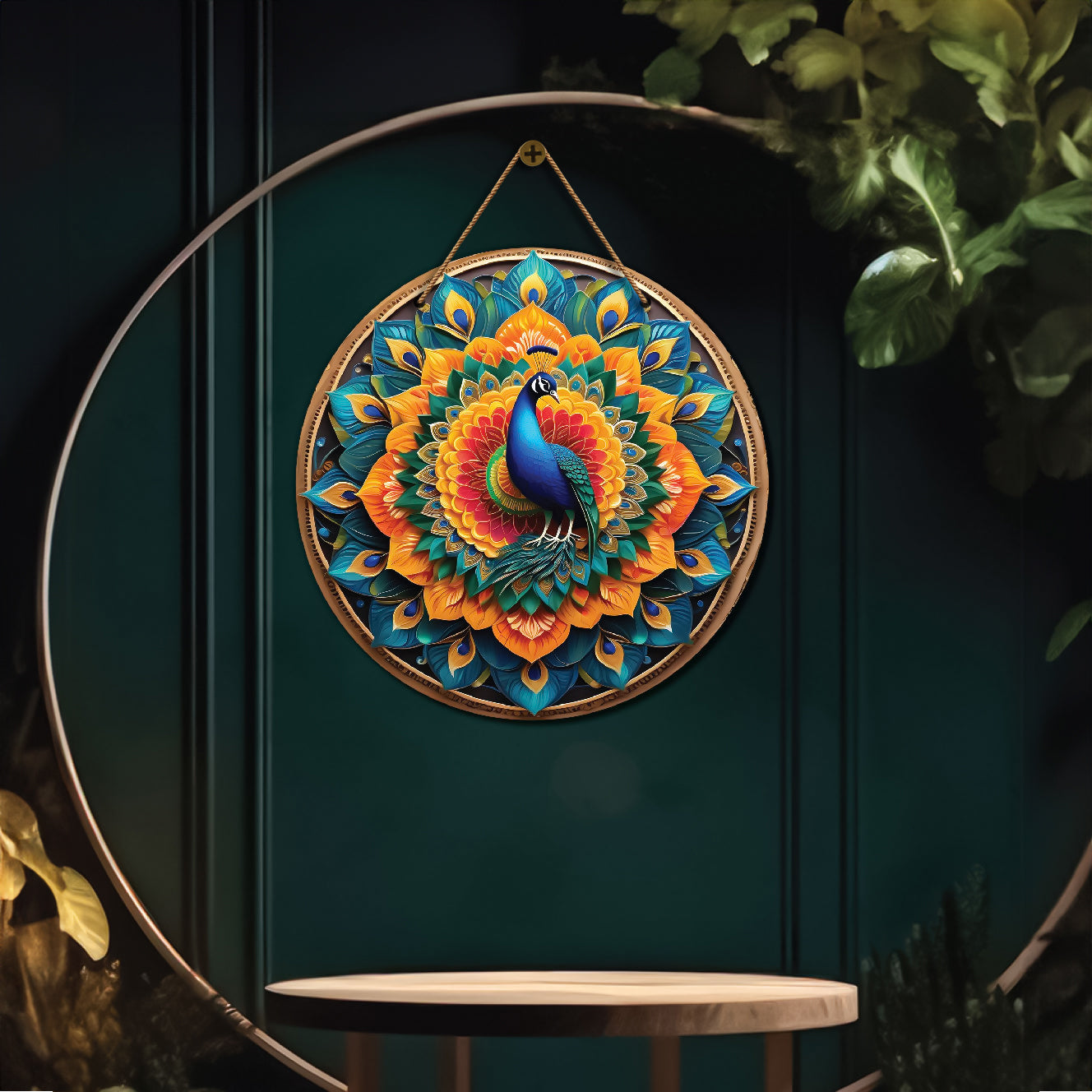 Peacock in green and orange mandala Round Wooden Wall Hanging for wall Décor - Design - 219