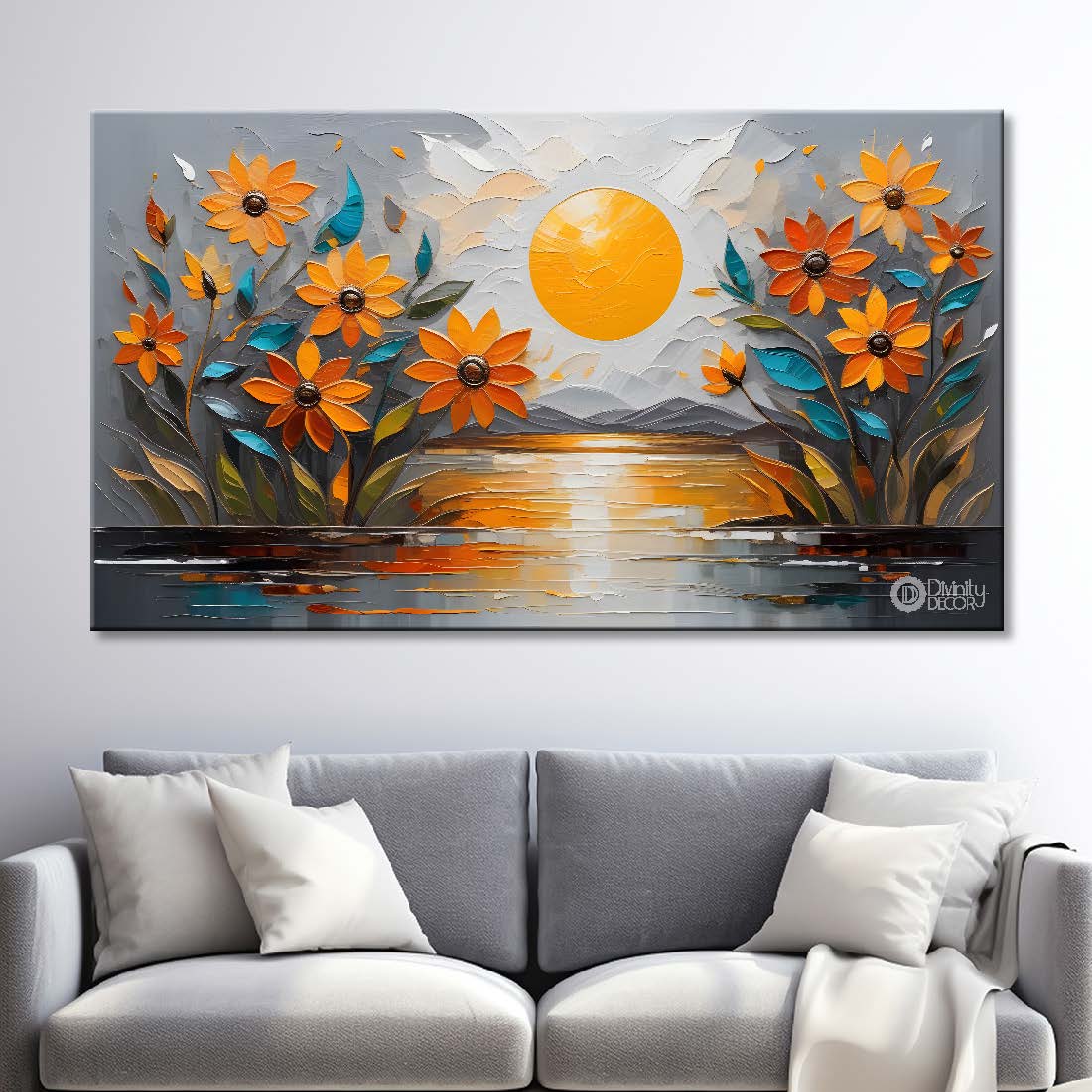 Orange flowers with sun and river background painting- Design - Flower-220
