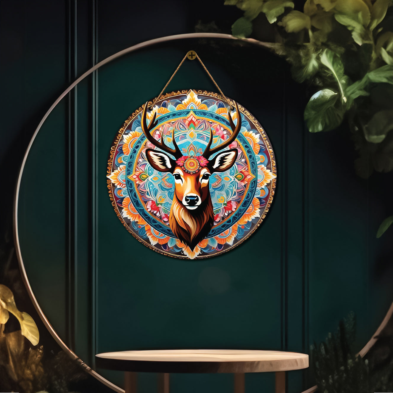 Deer in blue and orange mandala Round Wooden Wall Hanging for wall Décor - Design - 220
