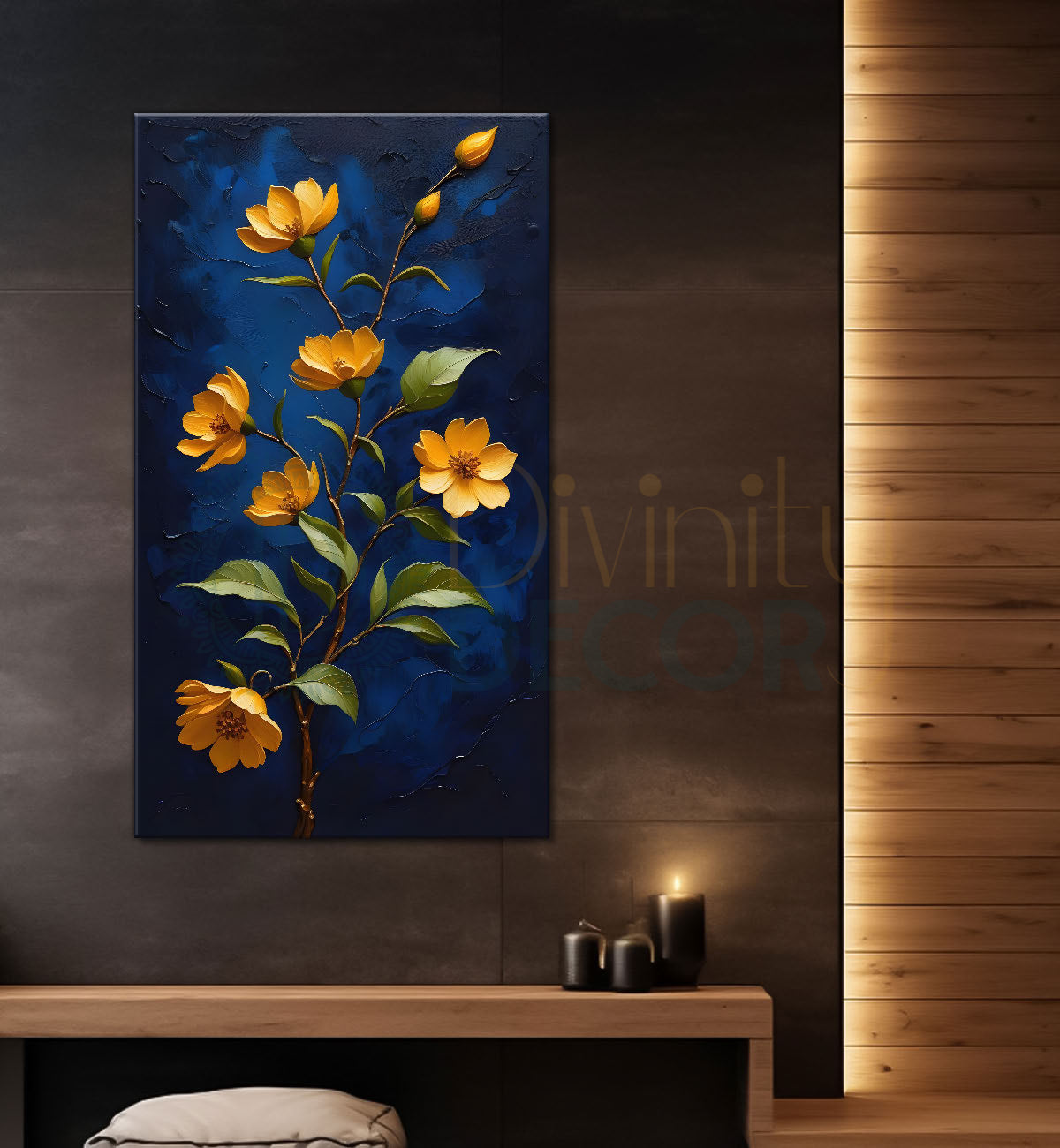 Yellow flowers in navy blue textured background painting- Flower-V-220
