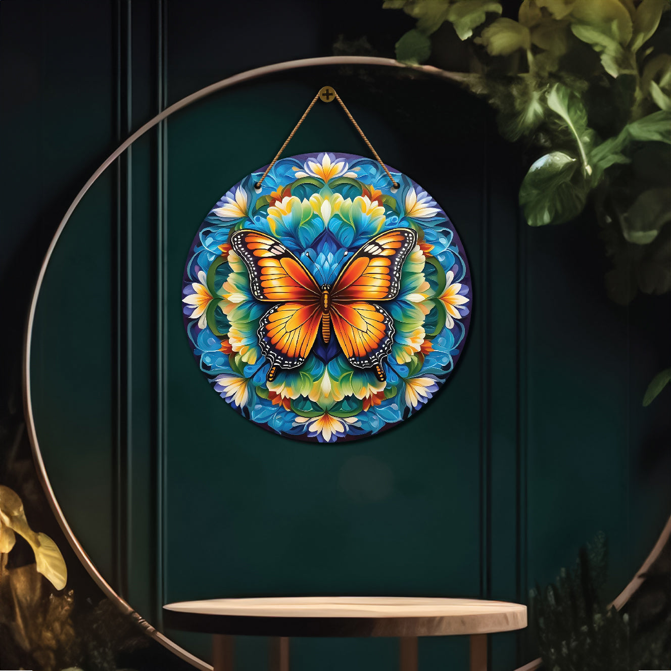 Butterfly in blue and white mandala Round Wooden Wall Hanging for wall Décor - Design - 221