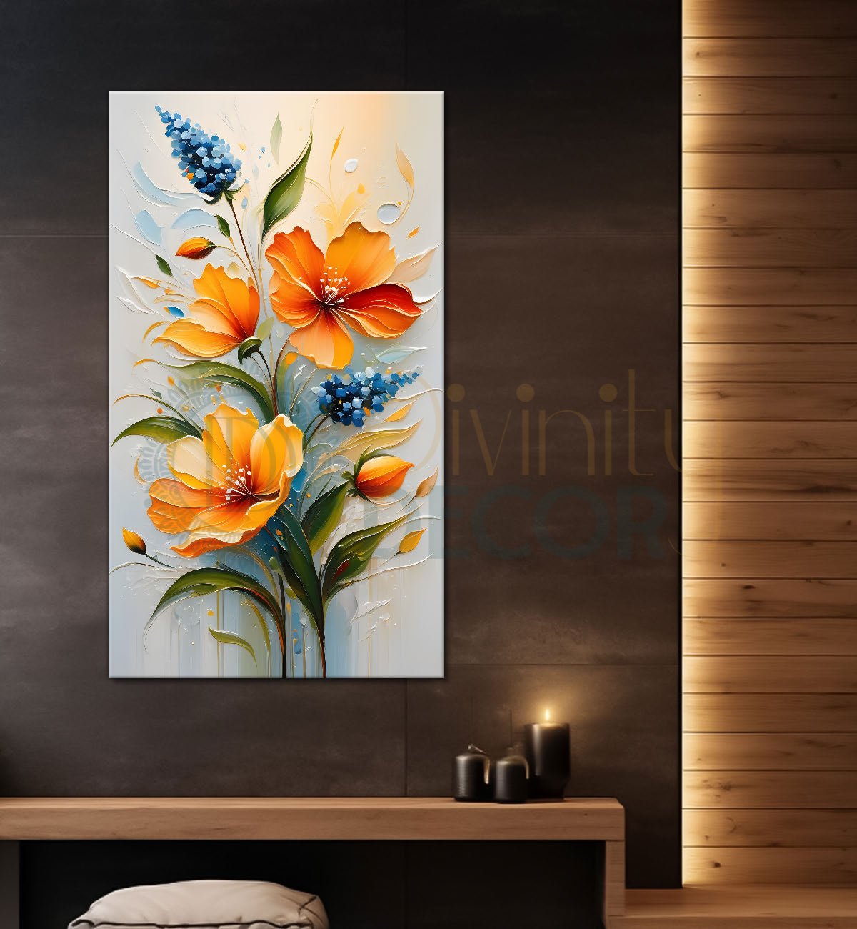 Orange flowers in grey textured background painting- Flower-V-221(Copy)